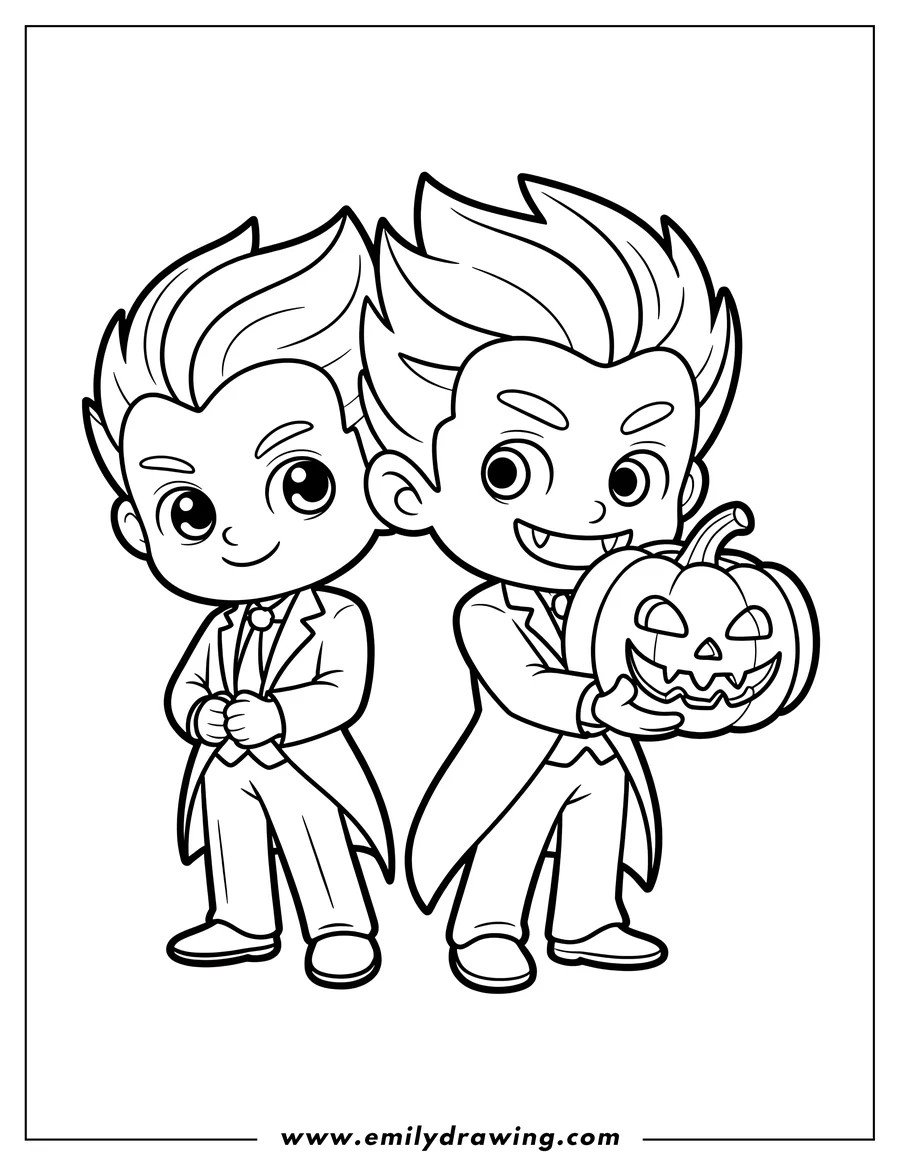 Two young vampires in suits, one holding a carved pumpkin.