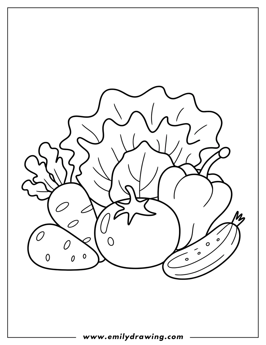 Line art of various vegetables including a carrot, tomato, cucumber, potato, and lettuce leaves.