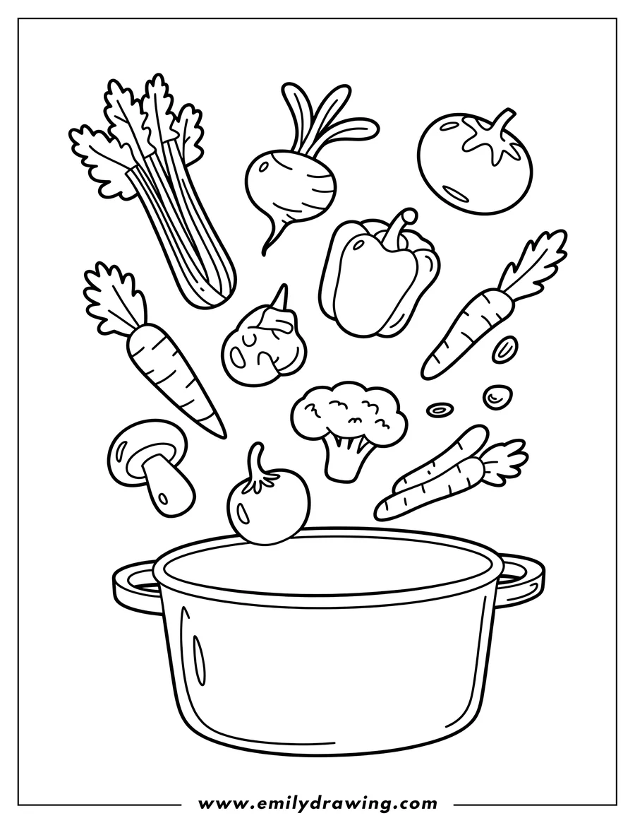 Outline of various vegetables like carrots, tomatoes, onions, celery, broccoli, and peppers falling into a cooking pot.