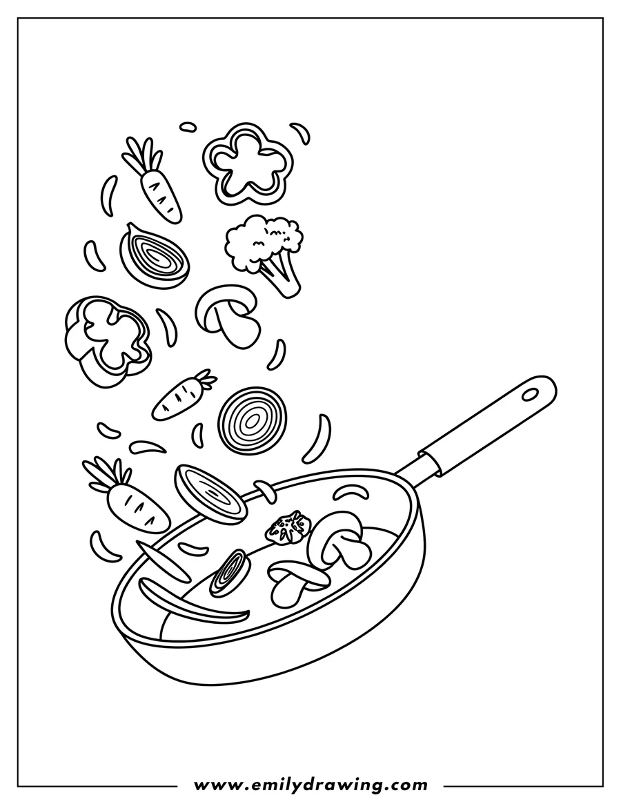 Line art of various vegetables falling into a frying pan, ready to be cooked. Includes carrots, onions, mushrooms, broccoli, and bell peppers.
