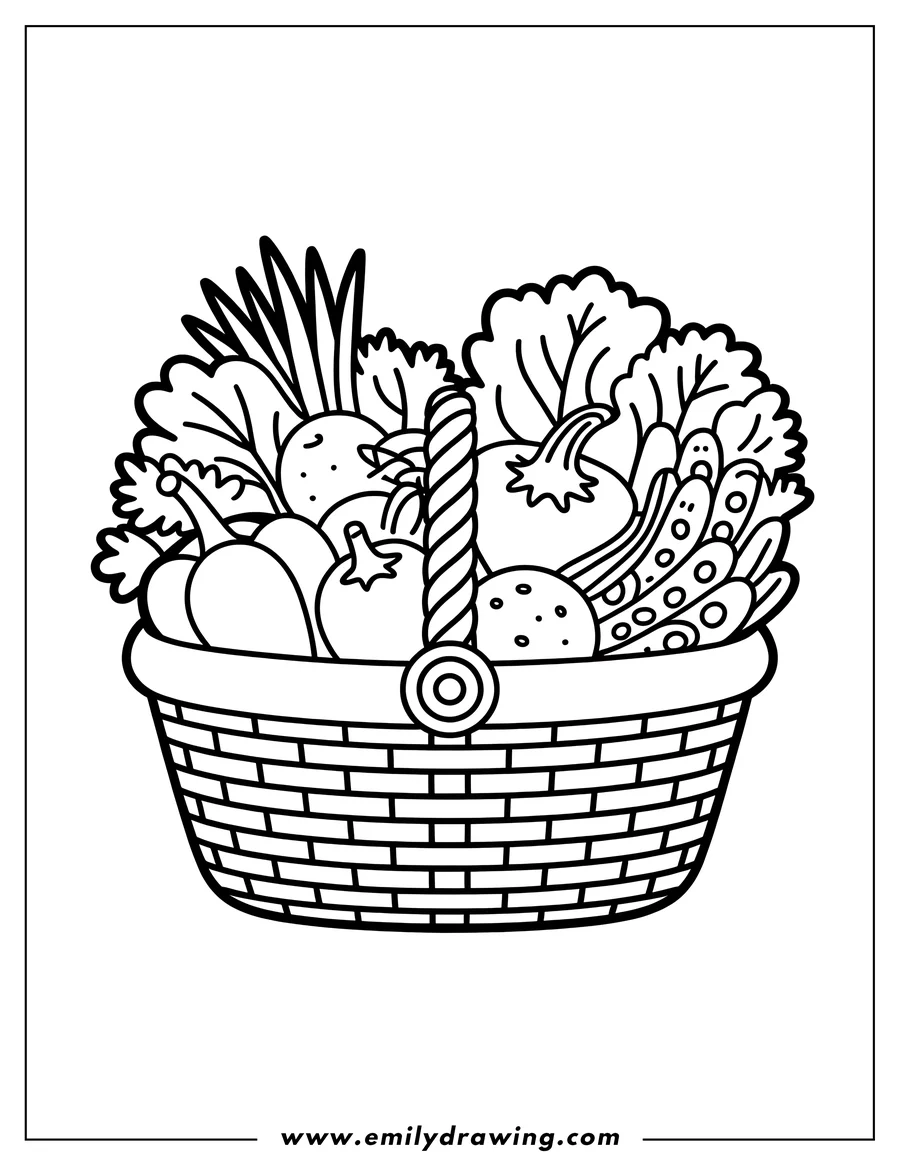Outline of various vegetables arranged in a woven basket. The vegetables include carrots with leafy tops, a pumpkin, peas, and other assorted greens.