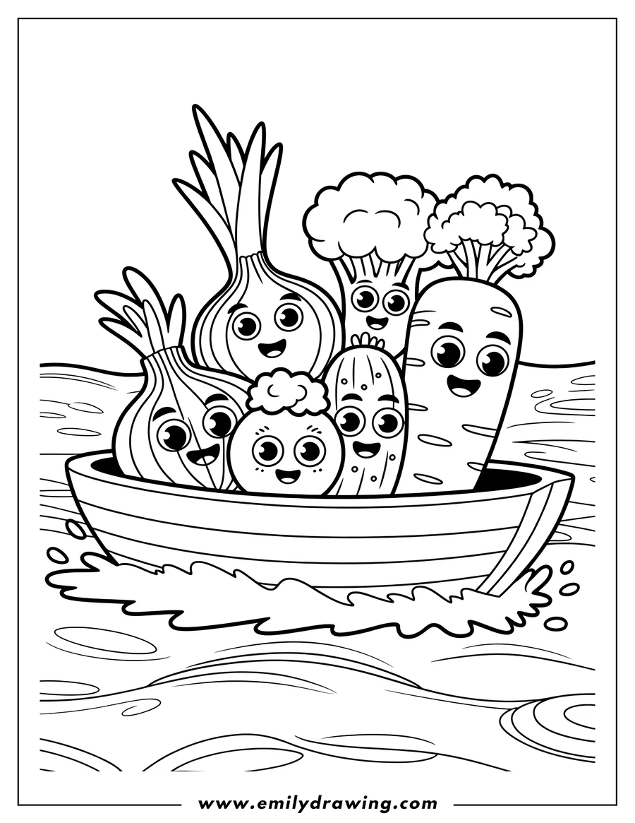 Outline of cheerful vegetables riding in a small boat on the water. The vegetables include an onion, beet, broccoli, potato, and cucumber.