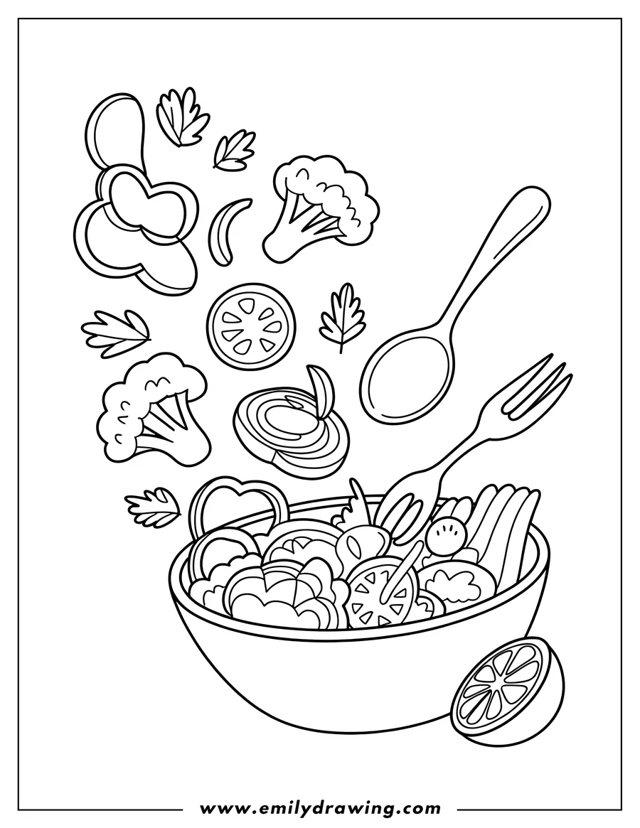 Line art of a bowl of vegetables with fork and spoon. Broccoli, tomatoes, onions, cucumber and lemon wedge.