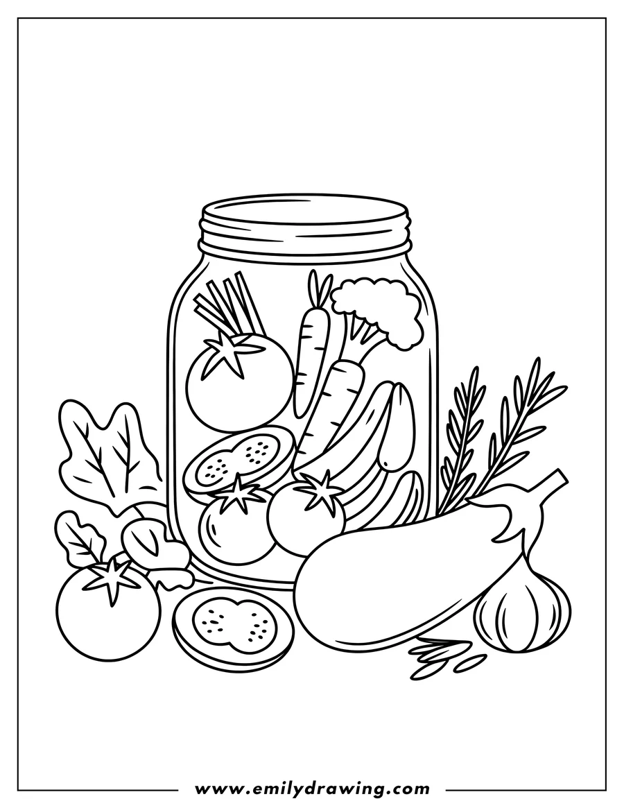 Line art of various vegetables like carrots, tomatoes, and broccoli arranged in a glass jar, with additional vegetables like an eggplant, a tomato, and garlic outside.