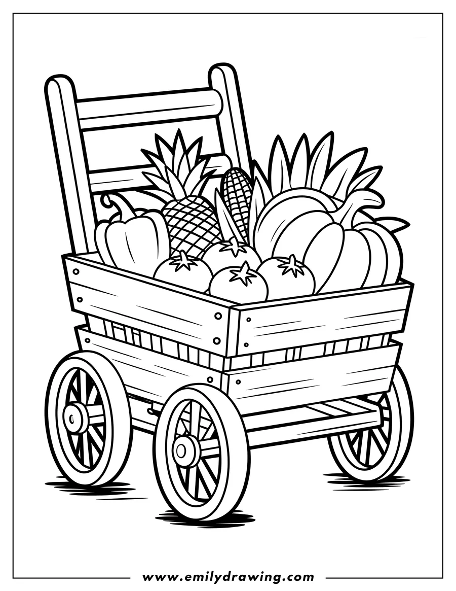 Outline of a wooden wagon filled with various vegetables, including pumpkins, corn, pineapple, and tomatoes.