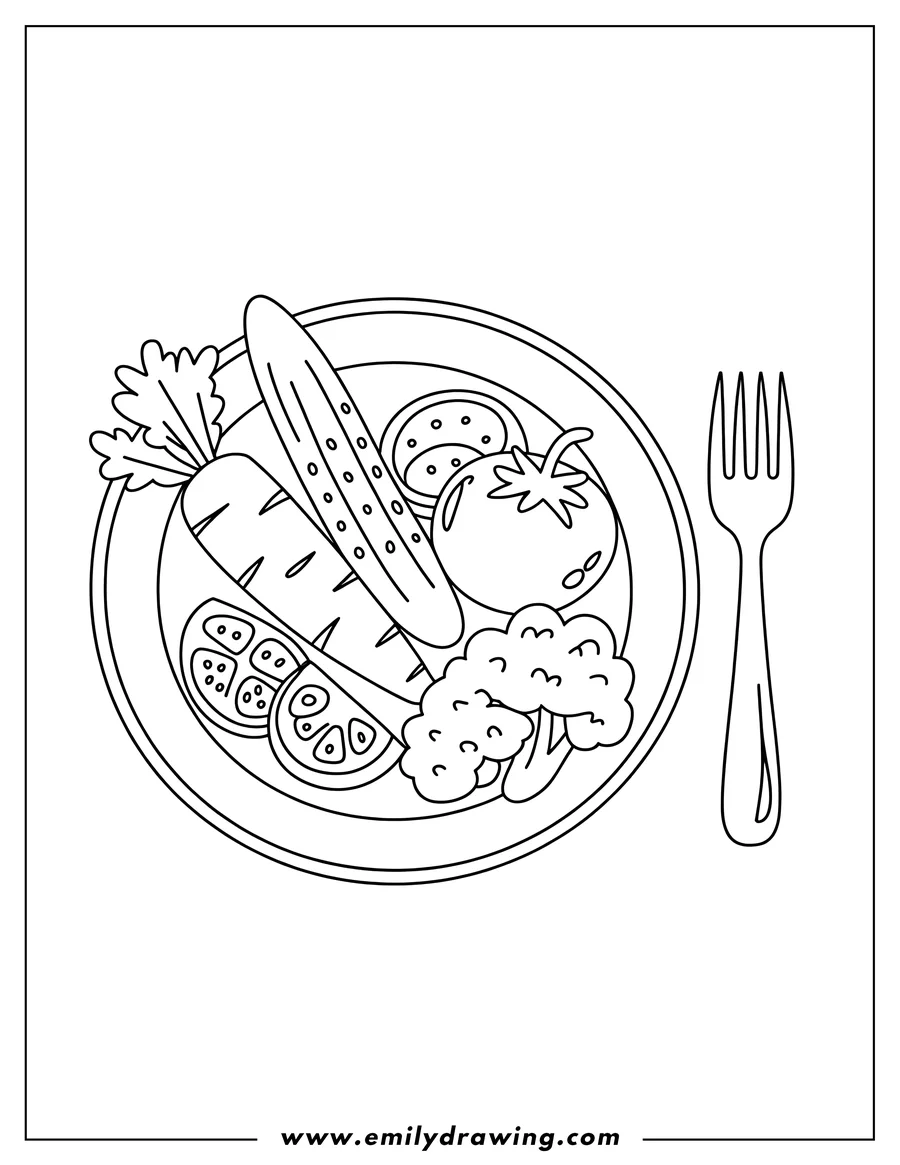 Outline of various vegetables arranged on a plate with a fork beside it. The vegetables include a carrot, cucumber, tomato, and broccoli.