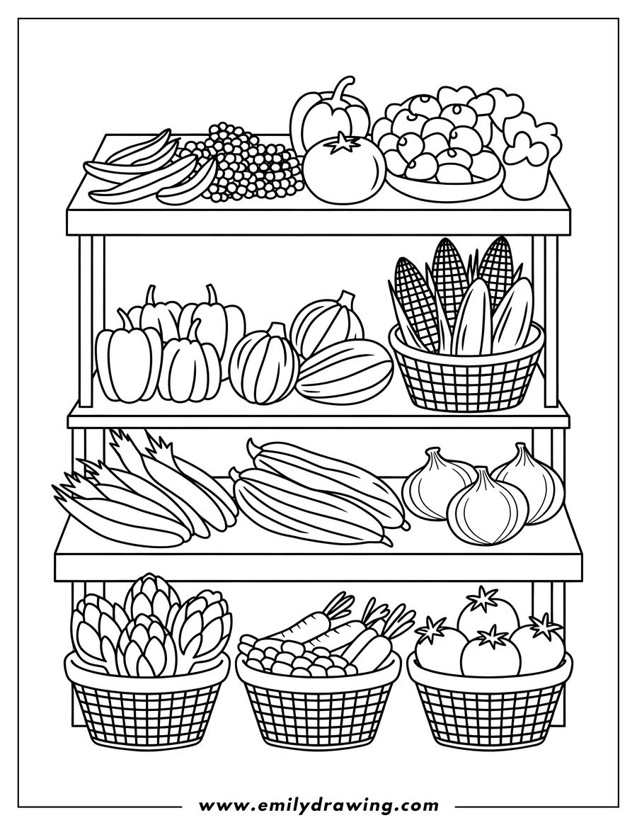 Outline of various vegetables arranged on shelves.  There are pumpkins, peppers, corn, artichokes, carrots, tomatoes, and more.