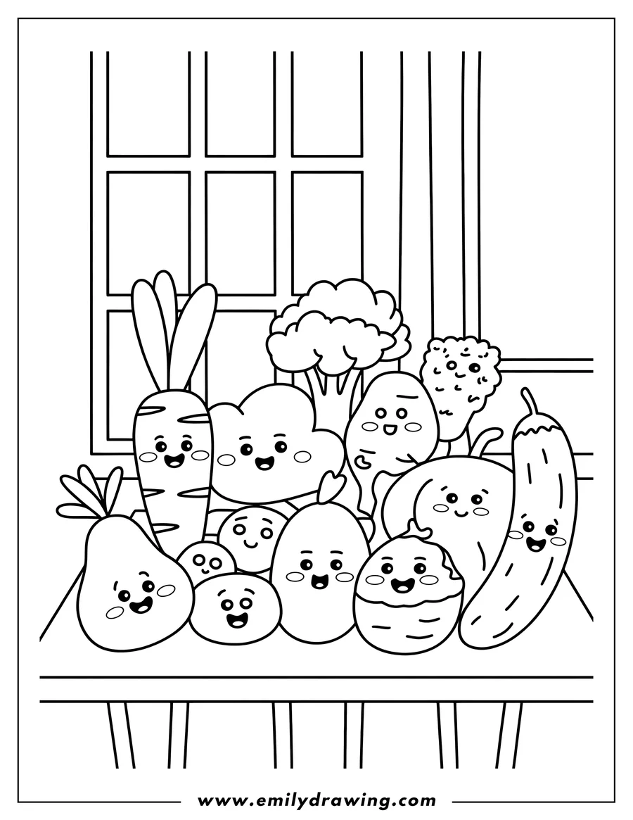 Outline of various happy vegetables arranged on a table near a window.