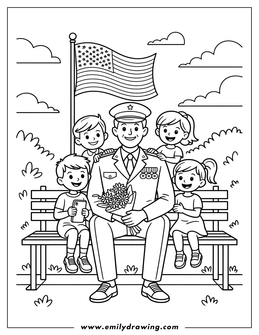 Outline of a veteran sitting on a park bench with his family, holding flowers, with an American flag in the background.