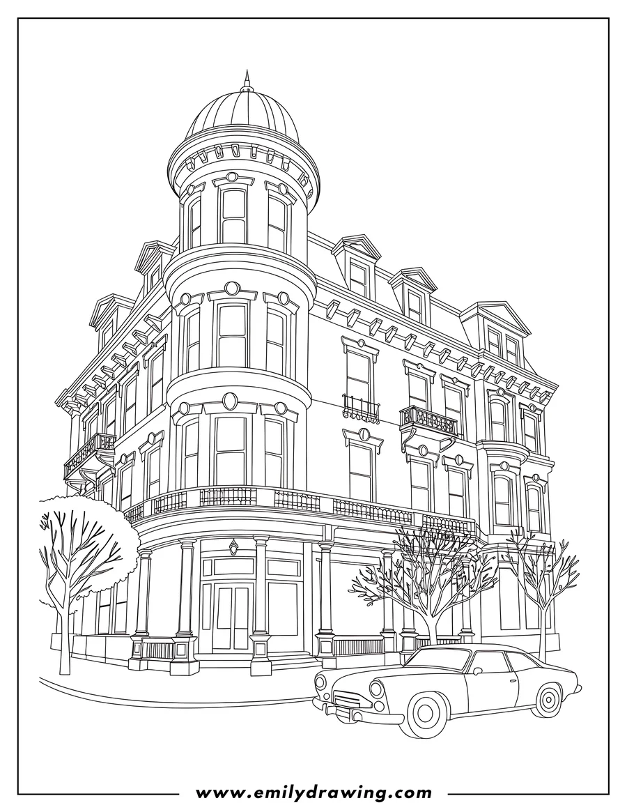 Line art of a Victorian house with a domed roof, intricate architectural details, and a vintage car parked in front. Two bare trees flank the building.