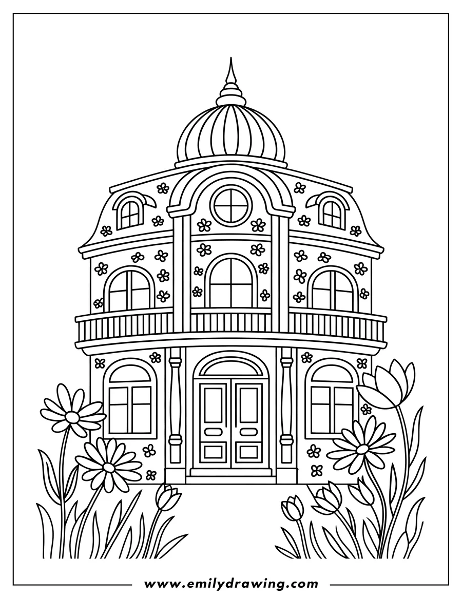 Outline of a Victorian-style house with a domed roof, surrounded by a garden of tulips and daisies. The house features decorative flower patterns on its walls and a prominent balcony.
