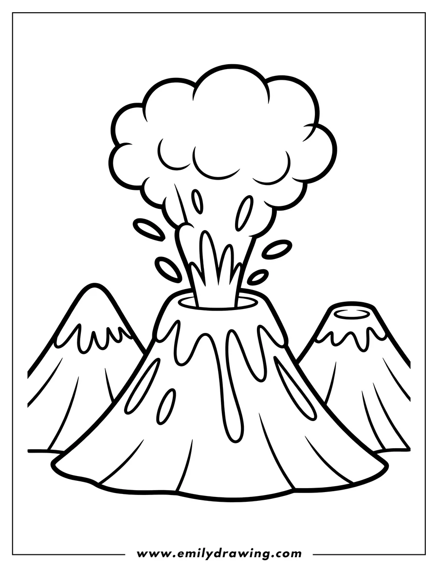 Line art of a volcano erupting, with lava bubbling and smoke puffing out. Two smaller volcanic mountains are visible in the background.