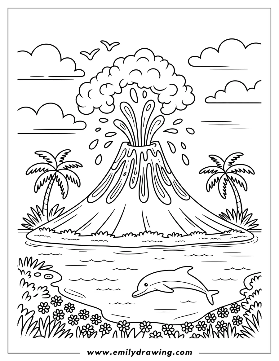 Line art of a volcano erupting on a tropical island with a dolphin swimming in the water below. Palm trees and flowers line the shore.