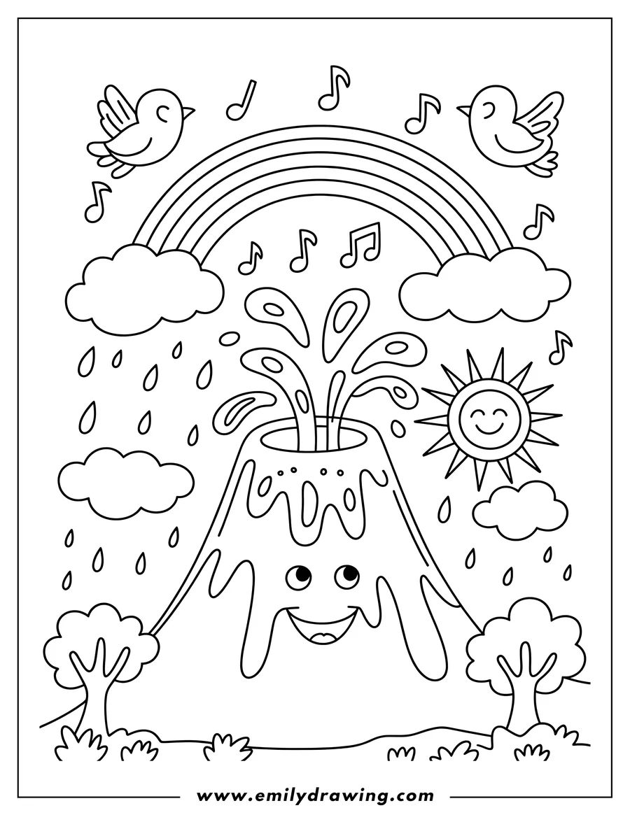 Line art of a happy volcano erupting with playful goo under a rainbow, rain clouds, smiling sun, and singing birds. Two simplified trees flank the volcano on a grassy slope.