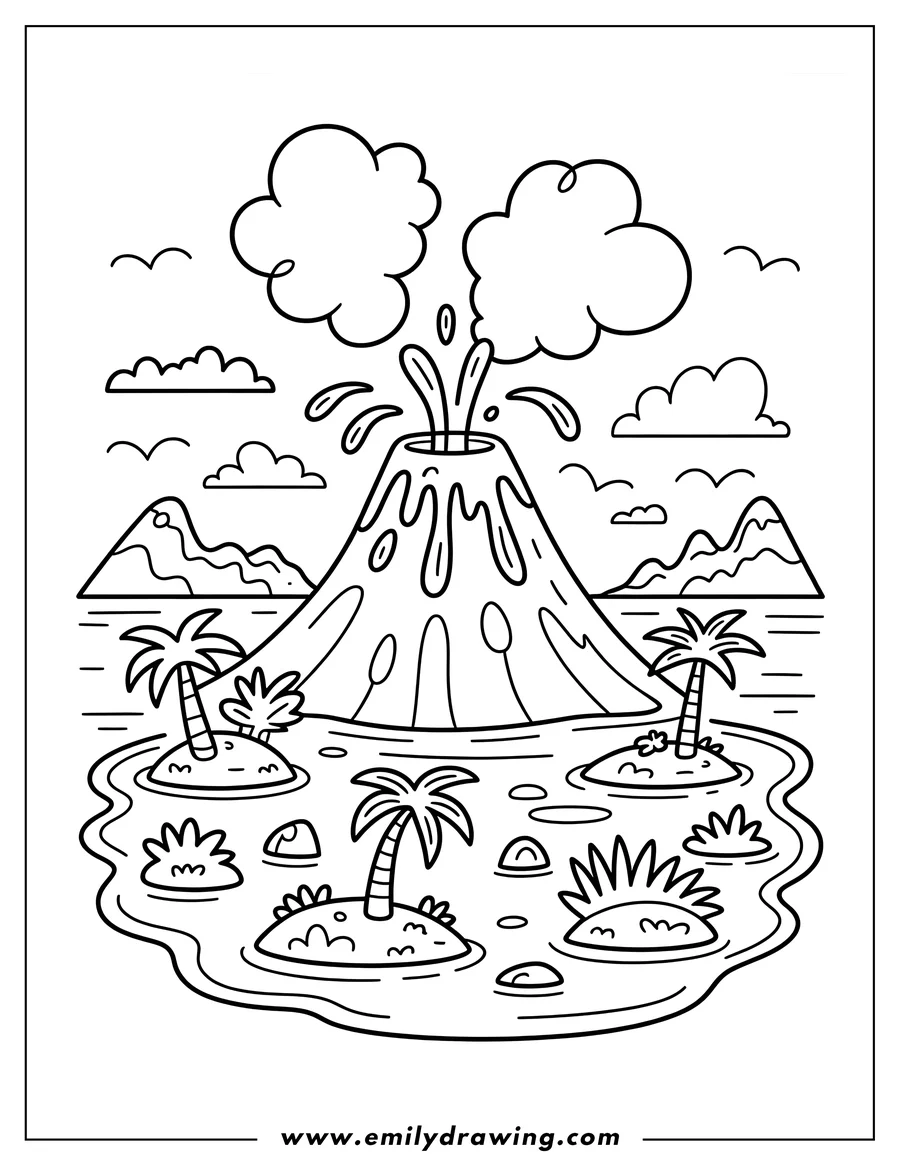 Outline drawing of a volcano erupting on a tropical island with palm trees. Smoke billows from its peak and lava flows down its sides. Surrounding the island are small patches of grass in the water. In the background, additional landforms can be seen under a cloudy sky.