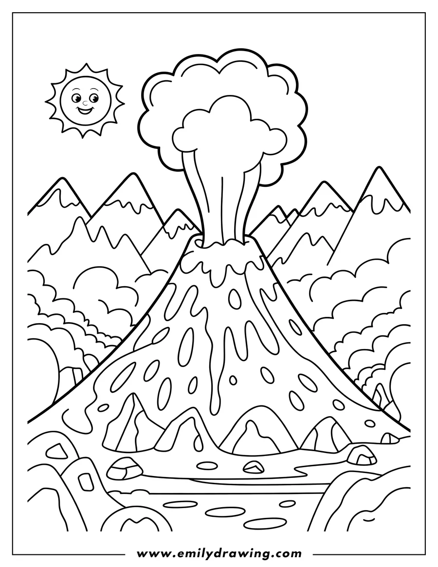Line drawing of an active volcano erupting with smoke and lava, situated in a valley between mountains, under a smiling sun.