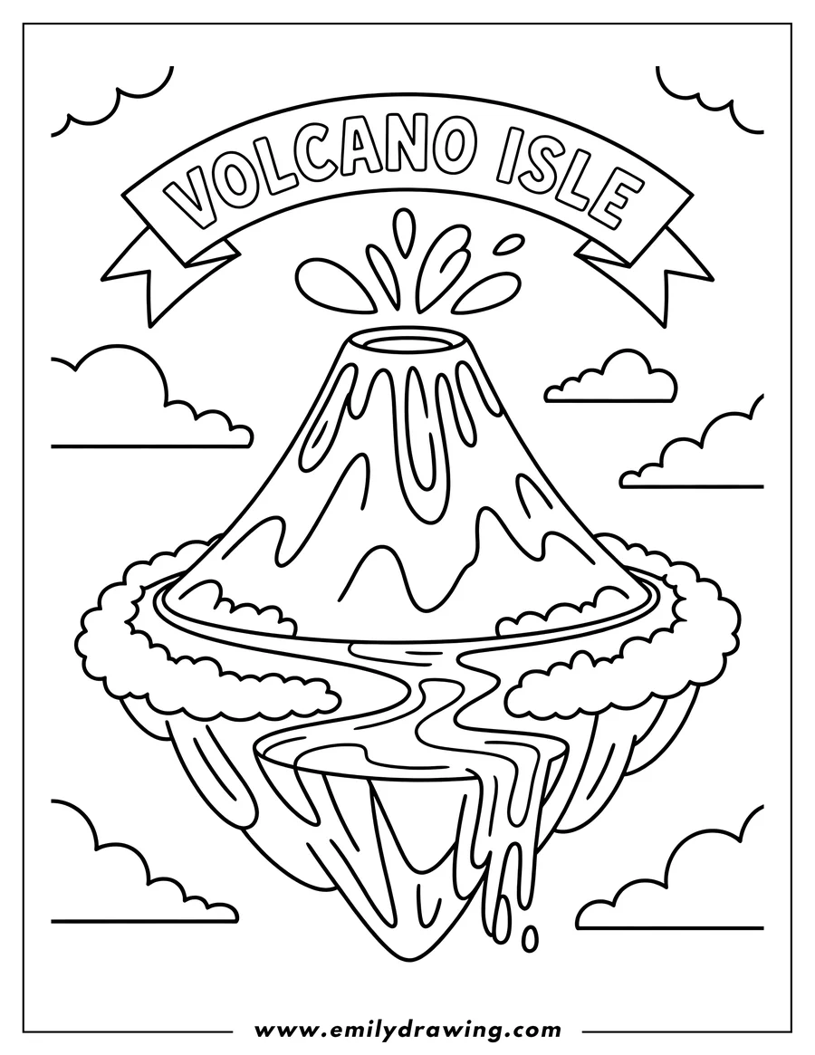 Line art of a volcano erupting on a small island surrounded by clouds.