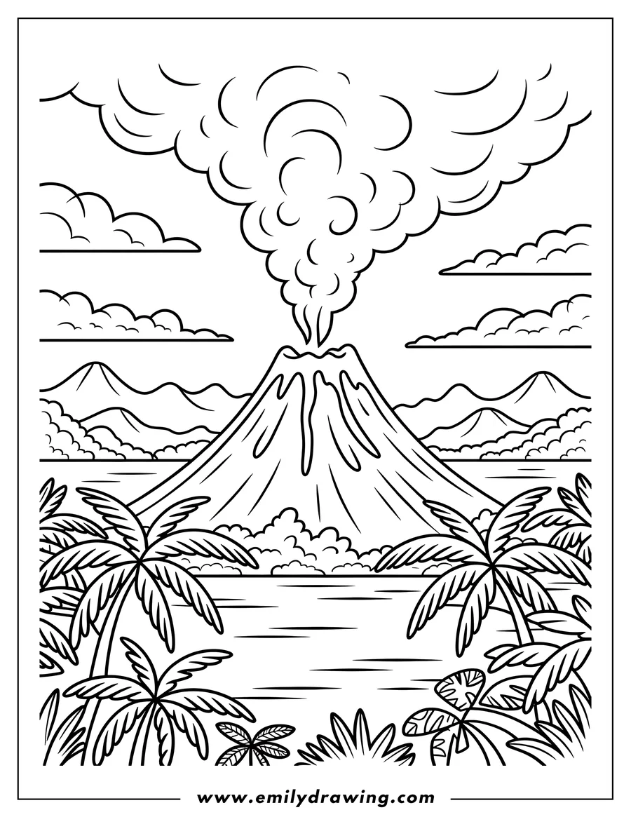 Line art of a smoking volcano in a tropical landscape with palm trees and other plants by the water's edge. Mountains are visible in the distance.