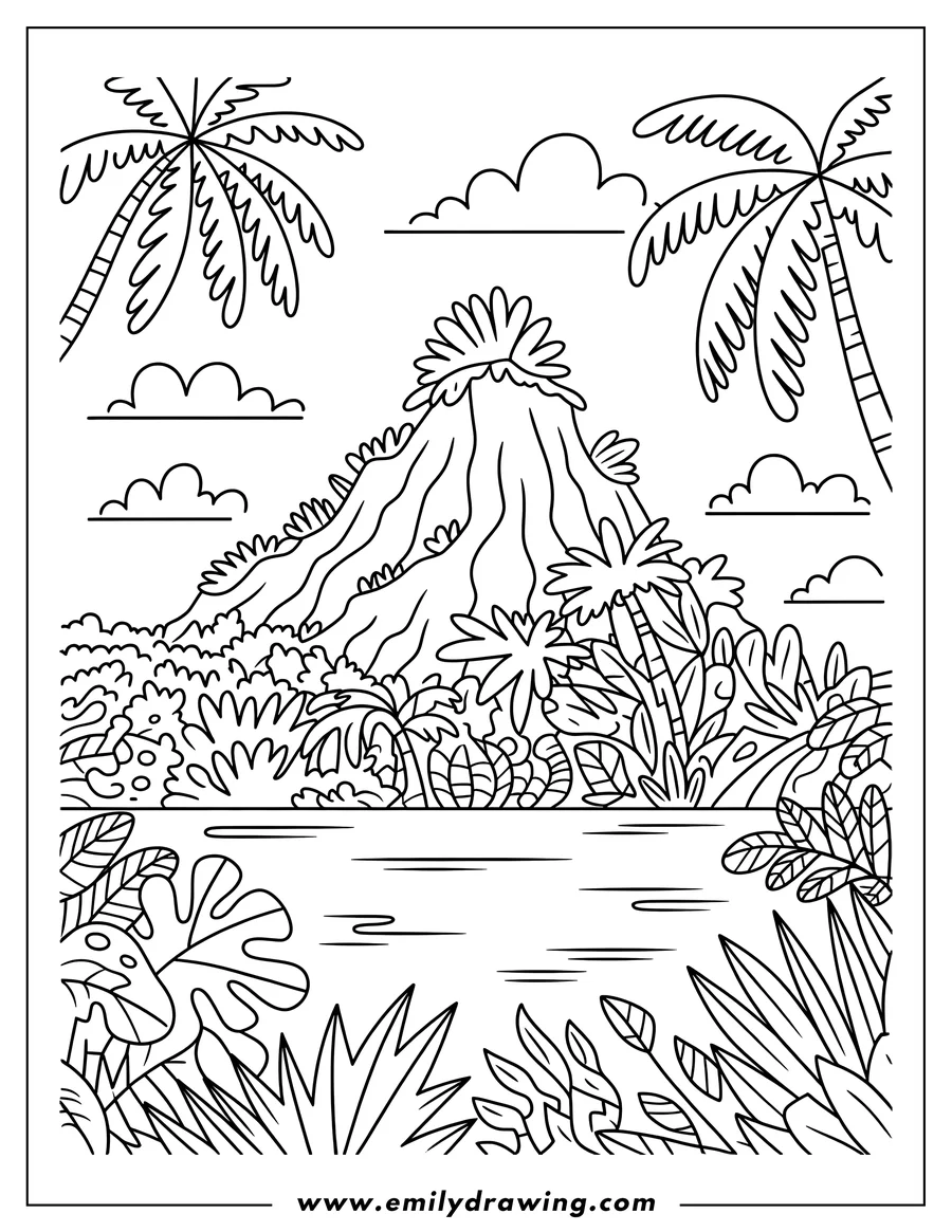 Line art of a volcano in a tropical jungle setting, surrounded by palm trees and various plants.
