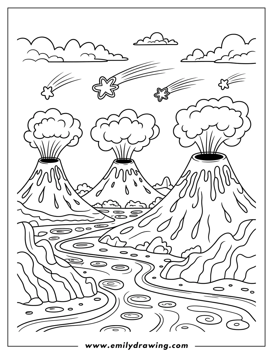 Outline of three erupting volcanoes, lava flowing down their sides, and shooting stars in the background. A winding river flows through the volcanic landscape.