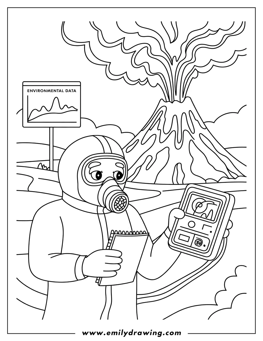 A volcanologist in a protective suit and mask studies an erupting volcano, taking notes and holding a monitoring device. An environmental data chart is visible in the background.