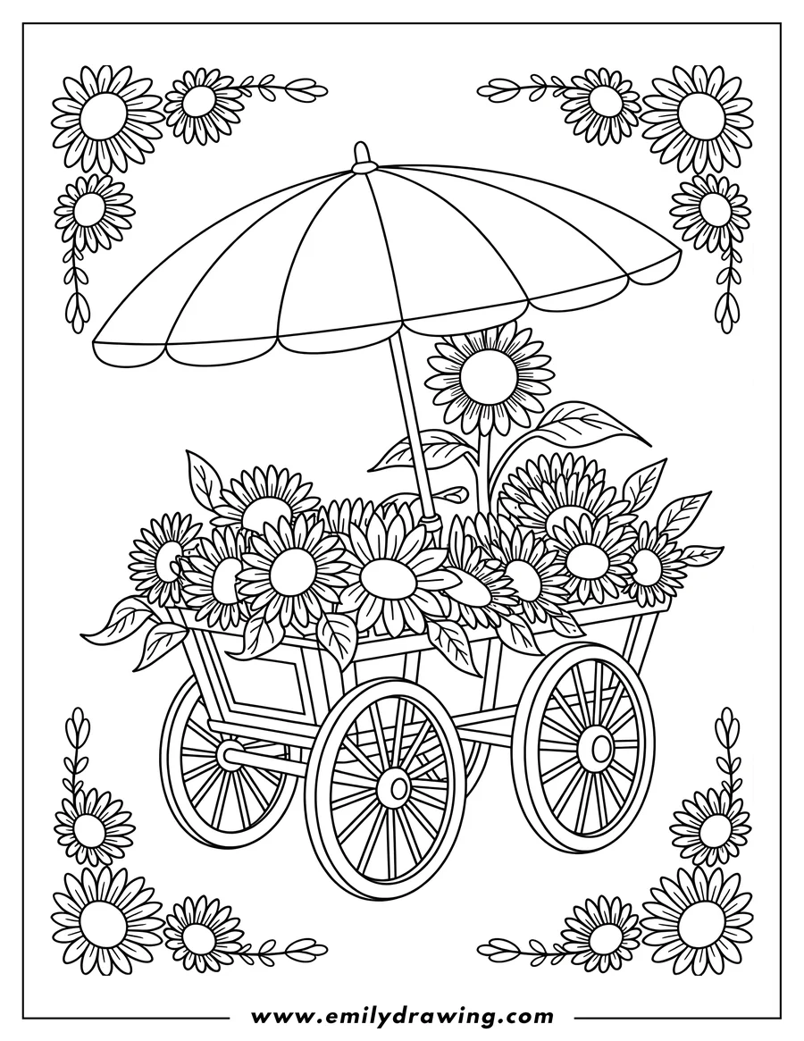 Outline of a wagon filled with sunflowers under a large umbrella. The image is bordered with more sunflowers and leaves.