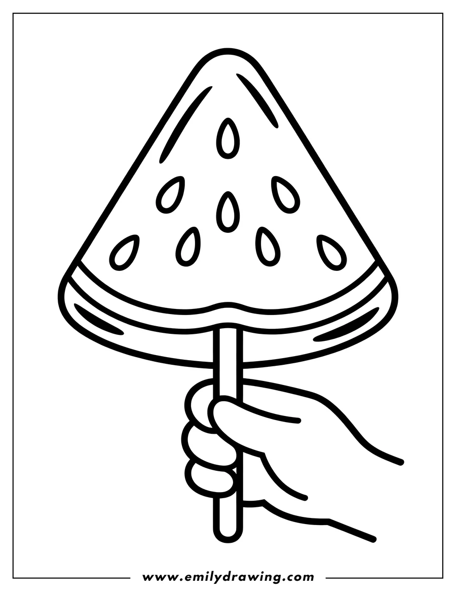 Outline of a hand holding a watermelon slice lollipop.