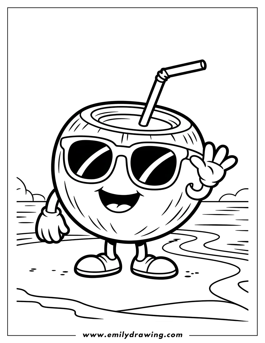 Line art of a cool, smiling coconut wearing sunglasses and waving on a beach.
