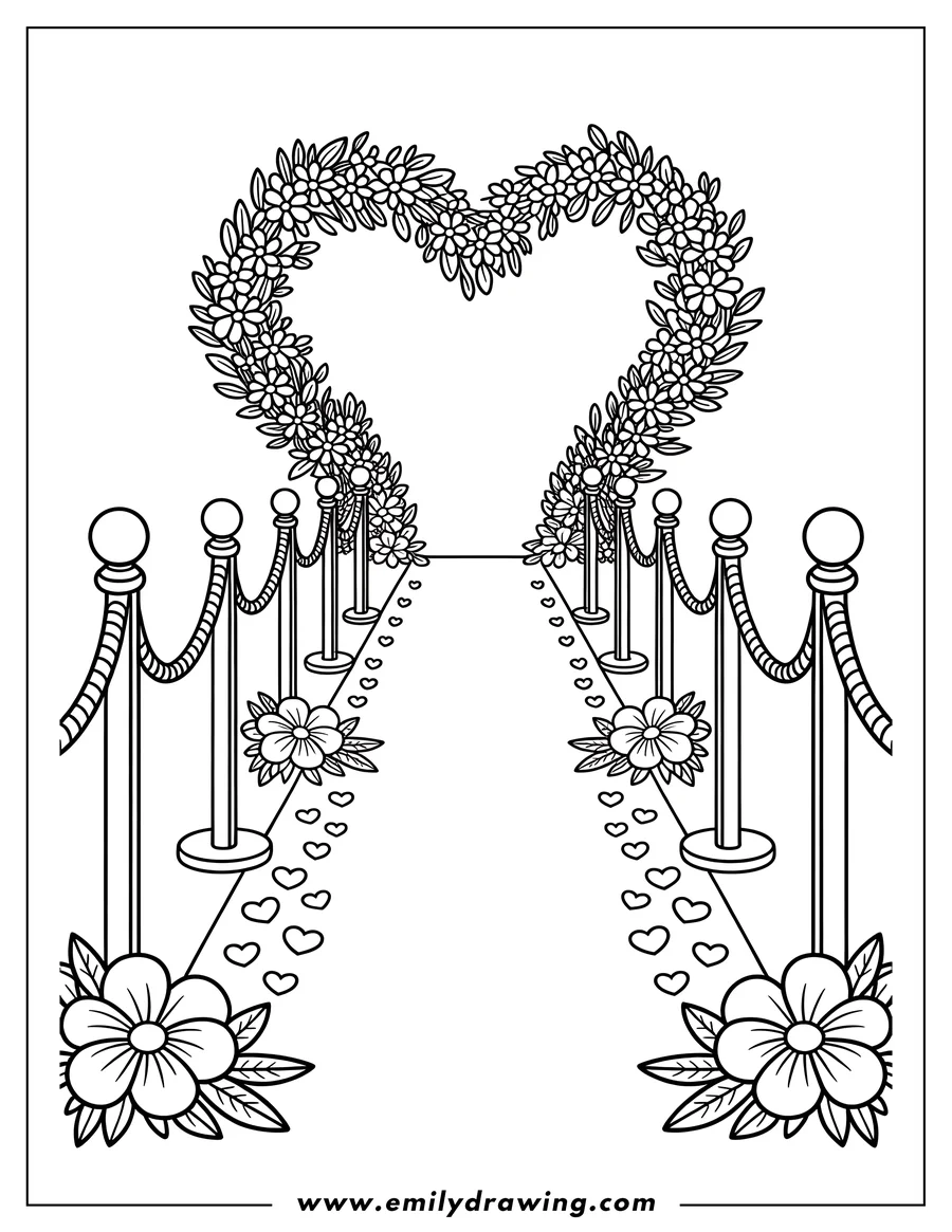 Outline of a wedding aisle decorated with a floral heart arch and flowers. The aisle is lined with rope stands and scattered hearts.