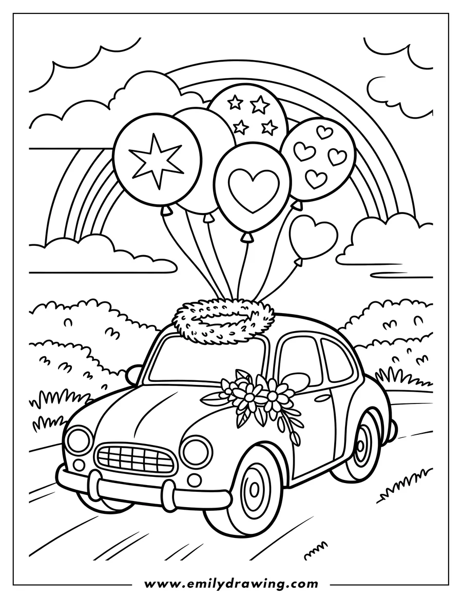 Line art of a wedding car decorated with a wreath, flowers, and balloons floating above against a rainbow background.
