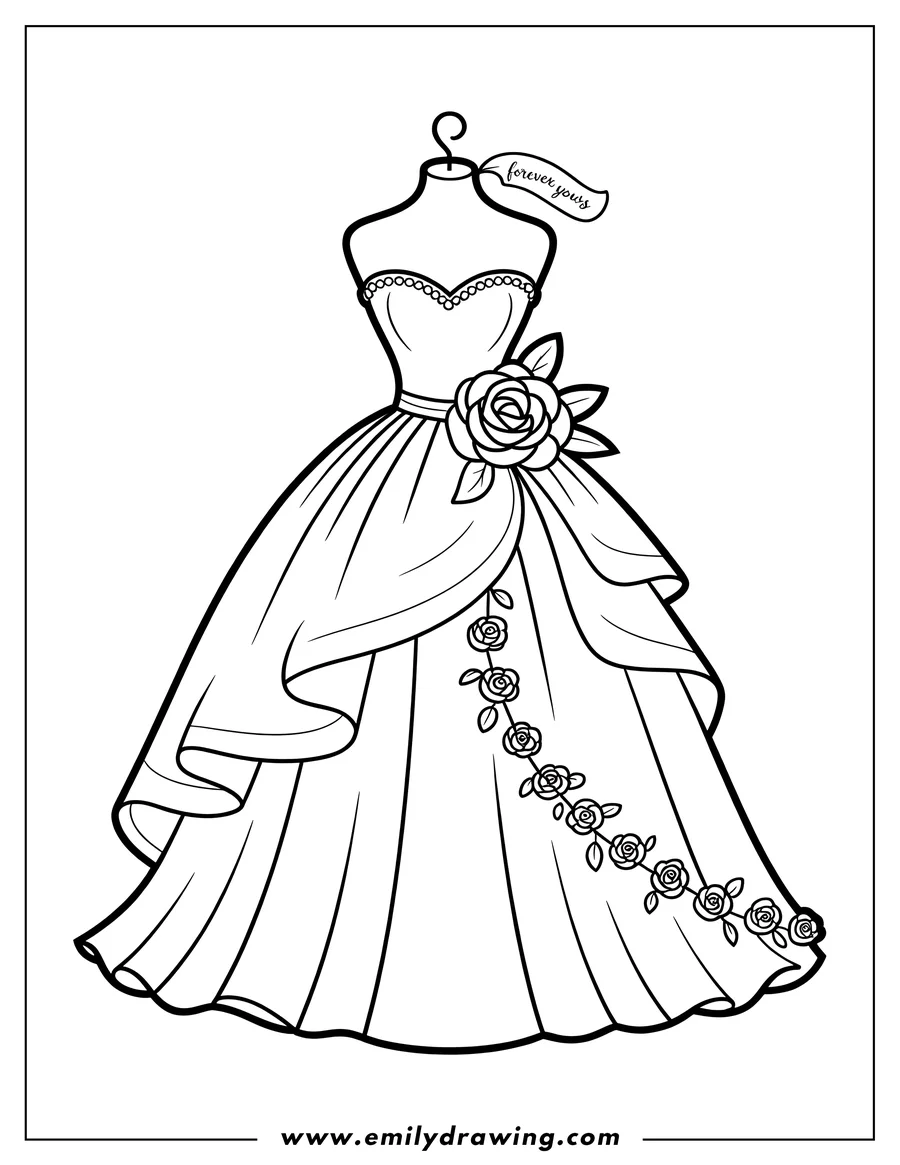 Outline of a wedding dress on a hanger adorned with roses and the tag 'forever yours'