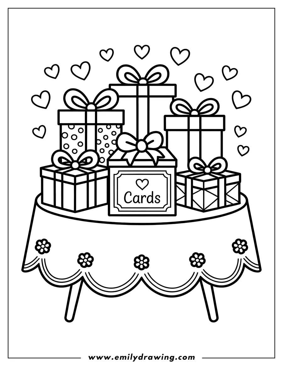 Outline of a table covered with a decorated cloth. Several wedding gifts in various sizes and shapes are stacked on top. A card box labeled 'cards' sits among the presents.
