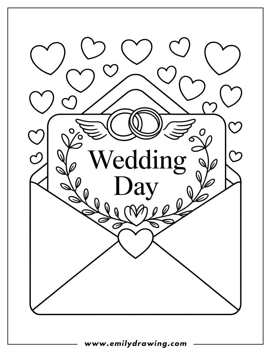 Outline of a wedding invitation inside an envelope. The invitation features wedding rings with wings, decorative leaves, and the words 'Wedding Day'. Many hearts float above the envelope.