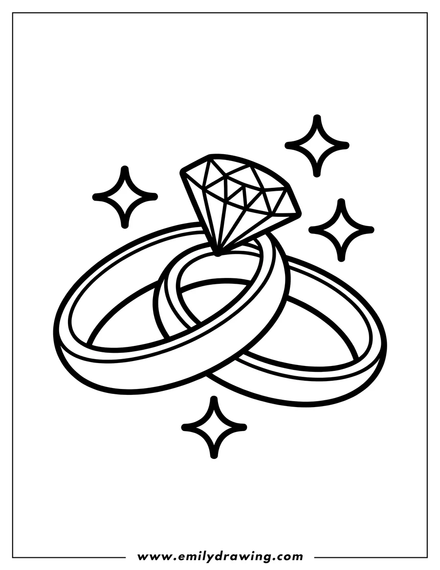 Line art of two wedding rings with a diamond on top, surrounded by sparkles.