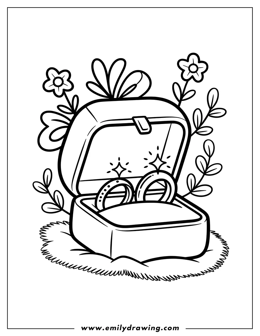 Outline of two wedding rings in an open box, adorned with a bow and surrounded by flowers and leaves.