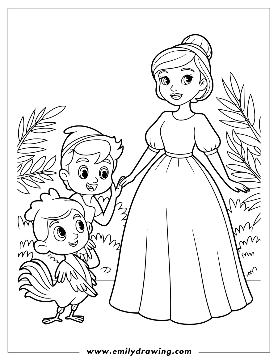 Line art of Wendy, John, and Michael with a rooster.  John holds Wendy's hand.
