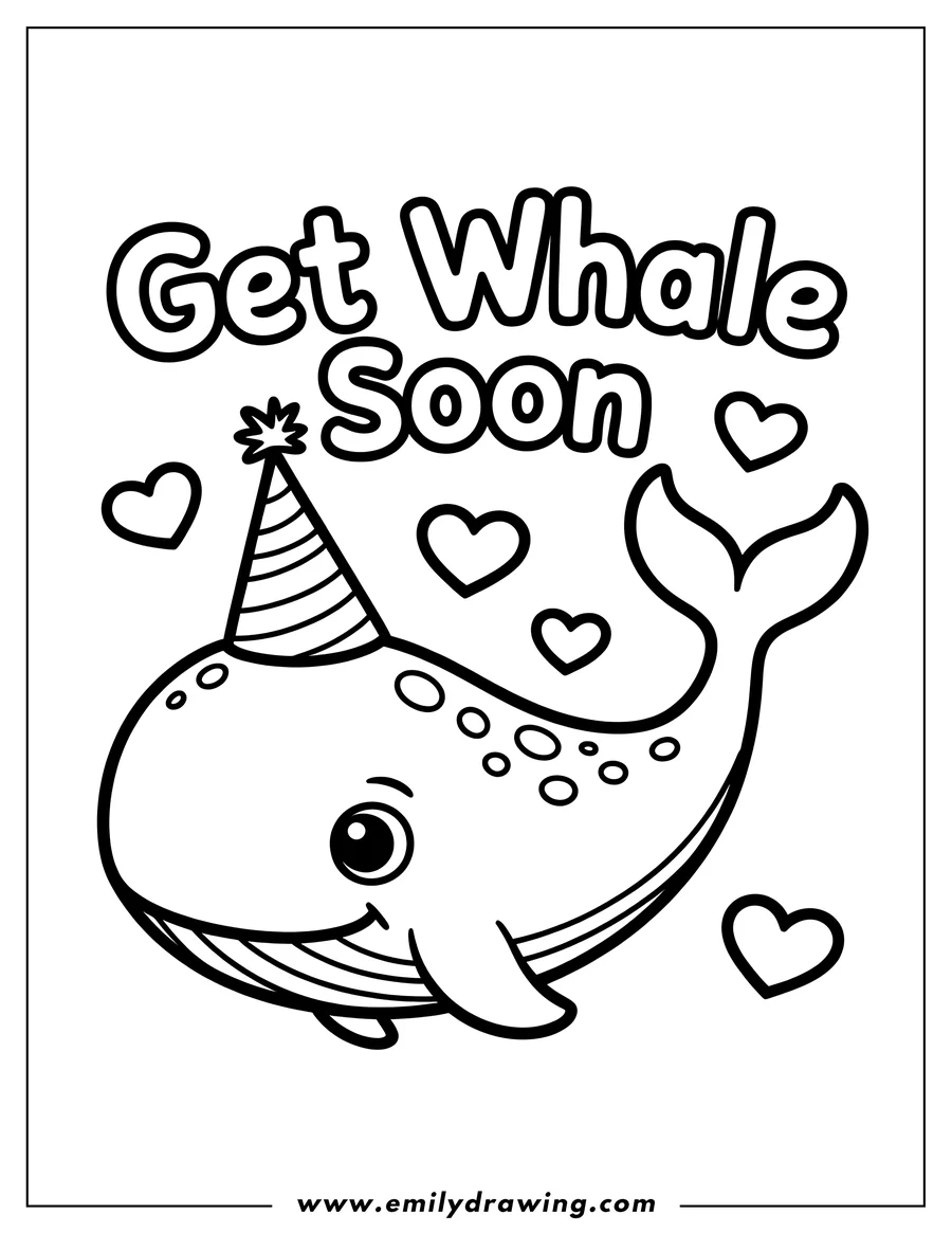 Line art of a whale wearing a party hat, surrounded by hearts, with the words 