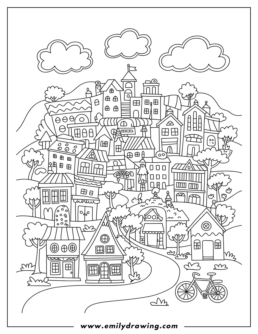 Line art of a whimsical town nestled on a hillside with various houses, trees, clouds, and a bicycle parked near a winding path.
