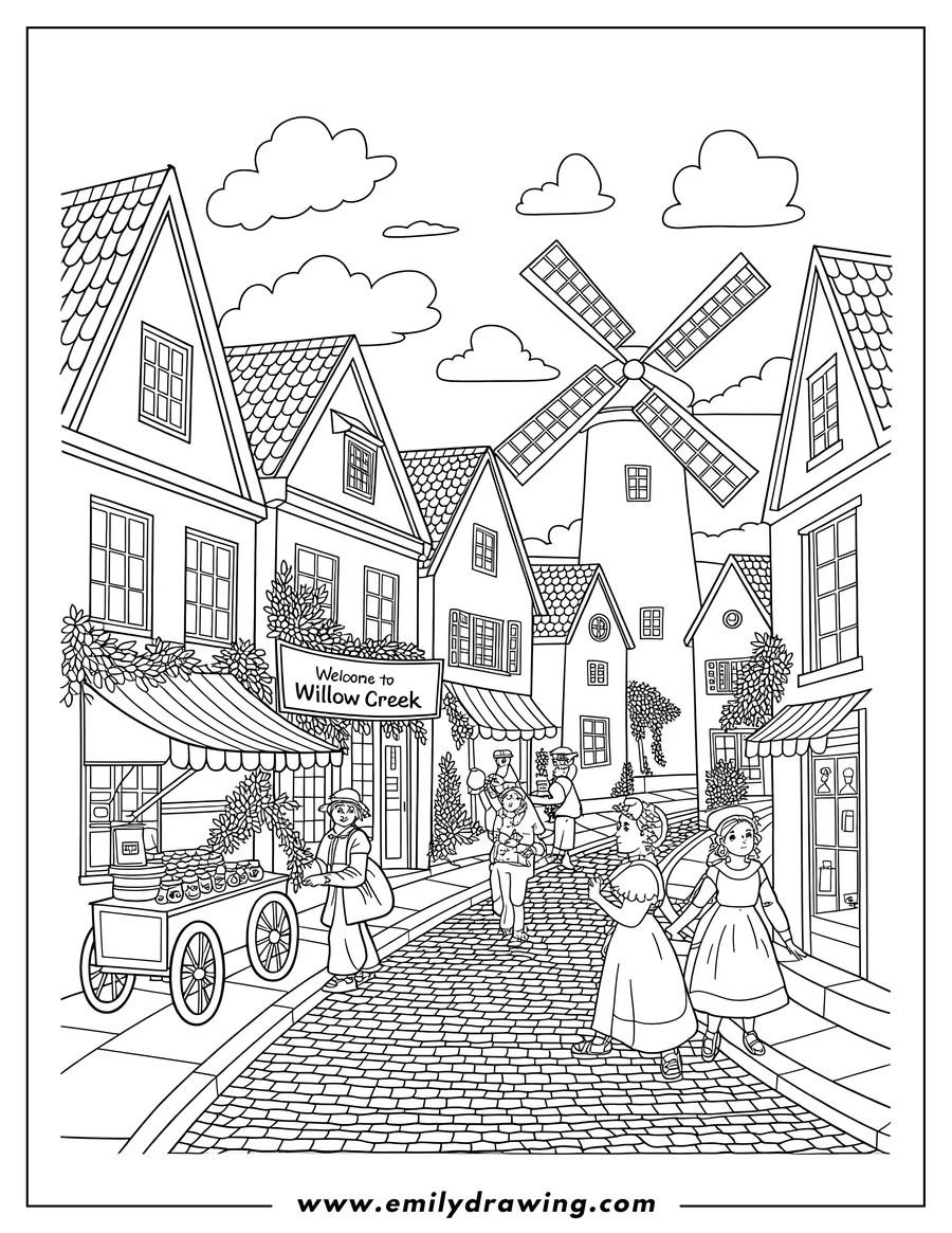 Outline of Willow Creek, a charming town with a windmill, shops, and two girls walking down a brick street.