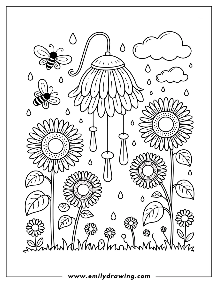 Outline of a wind chime shaped like a flower hanging above sunflowers, smaller flowers, and grass with bees and raindrops