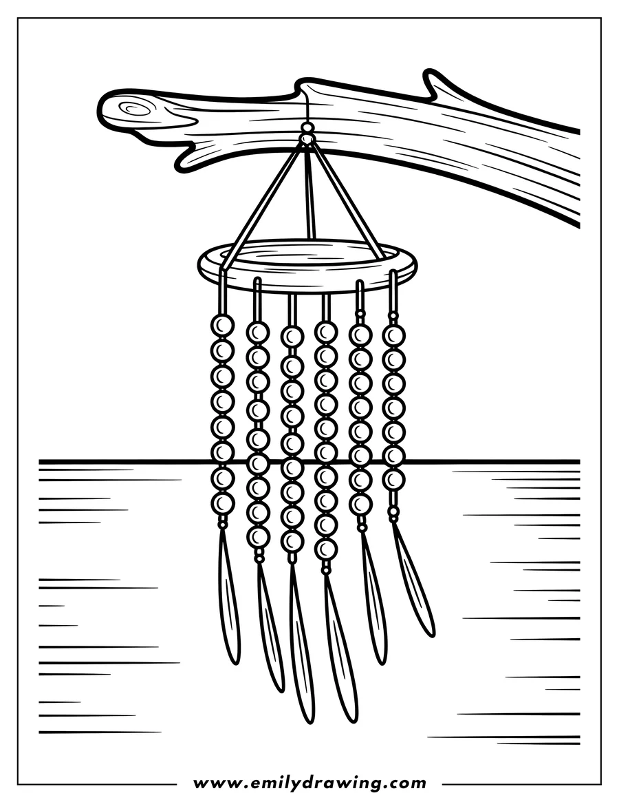 Line art of a wind chime hanging from a branch. It has strings of round beads and long, elegant feathers at the bottom.