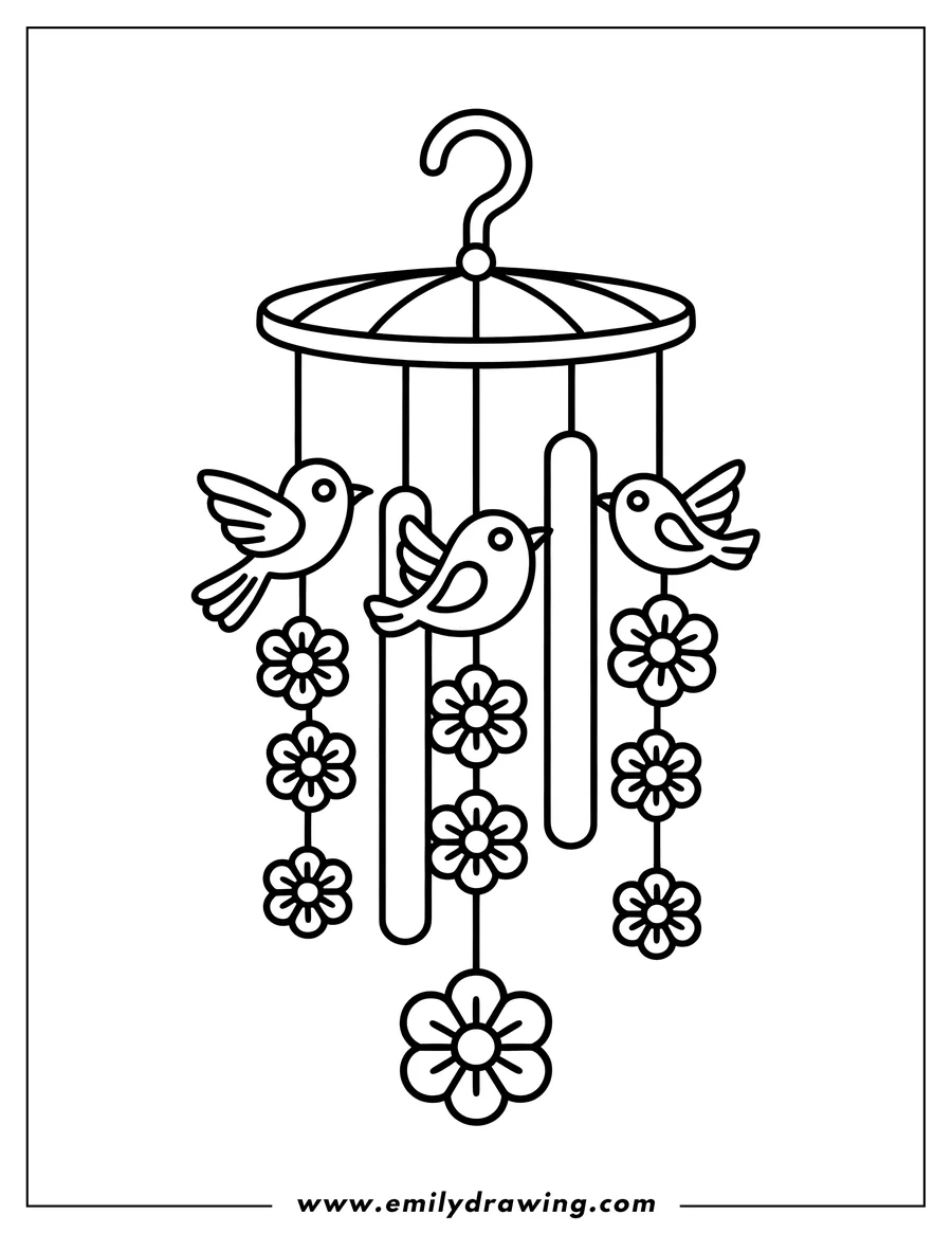 Outline of a wind chime with three birds and hanging flower decorations.