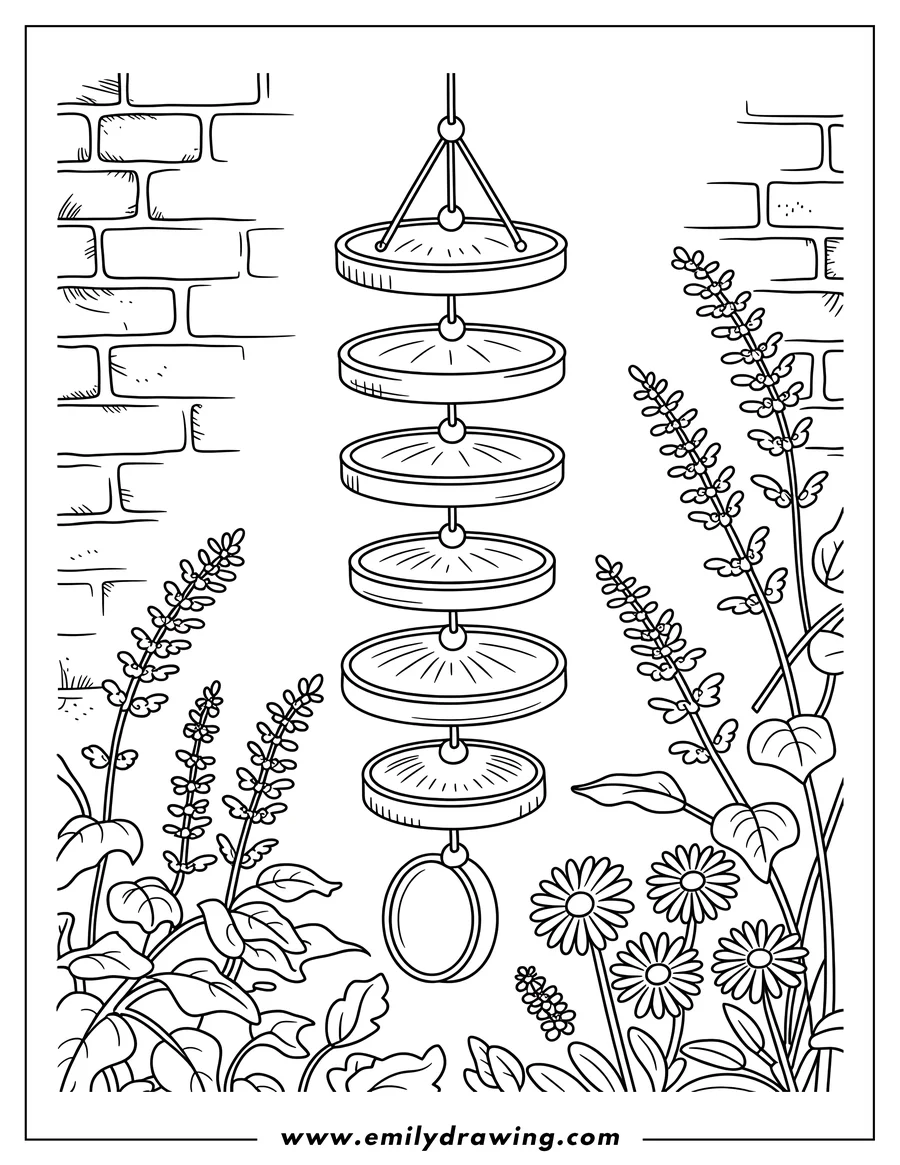 Line art of a wind chime hanging by a garden with flowers and a brick wall in the background.