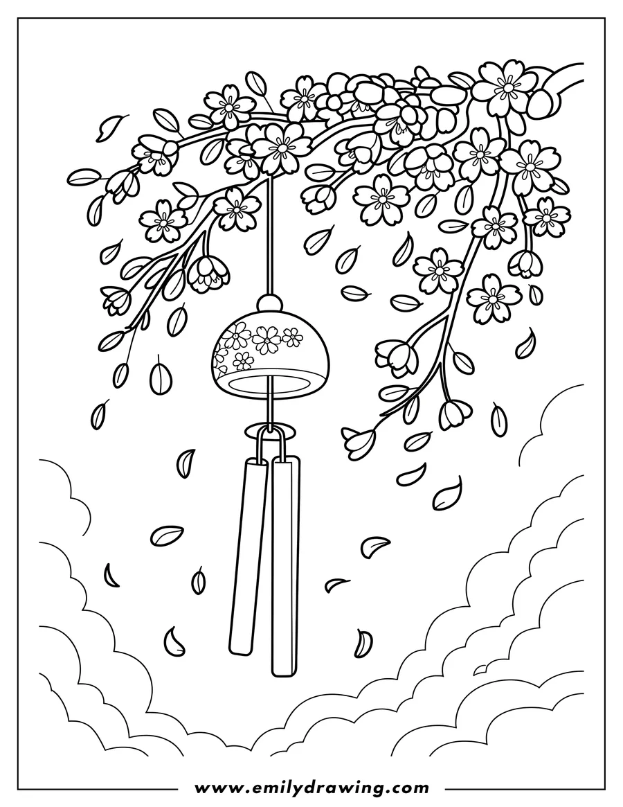 Line art of a wind chime hanging from a cherry blossom branch, with falling petals and clouds in the background.