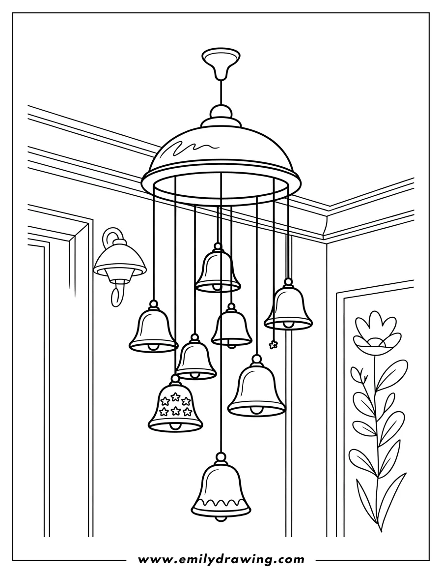 Line art of a wind chime with several bells hanging from a circular frame. A simple floral design is visible on the wall in the background.