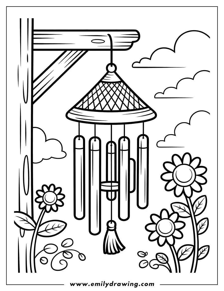 Line art of a wind chime hanging near flowers, with clouds in the background.