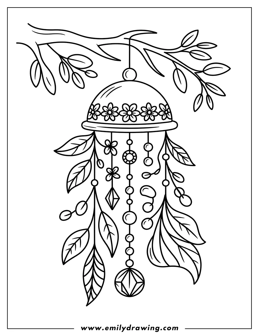Outline of a decorative wind chime with leaves, flowers, and beads hanging from a tree branch.