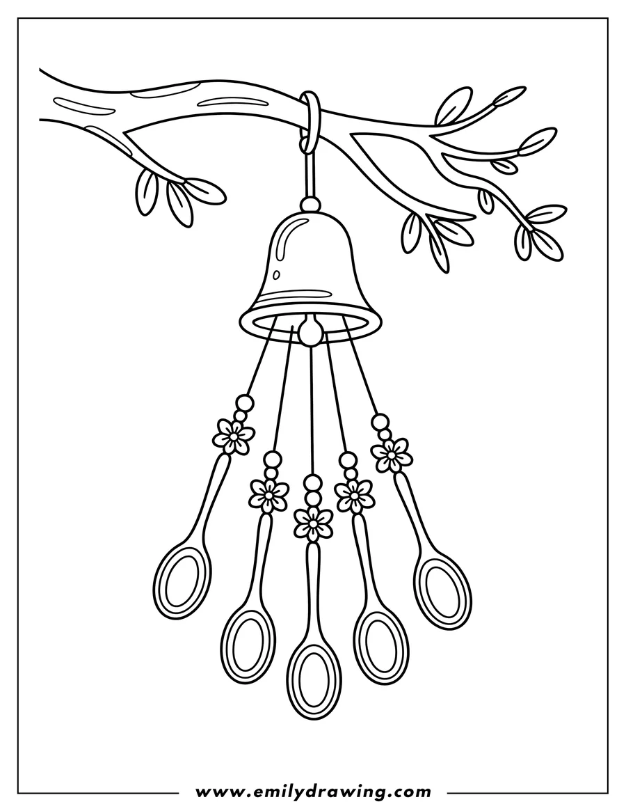 Line art of a wind chime made of spoons and beads hanging from a tree branch.