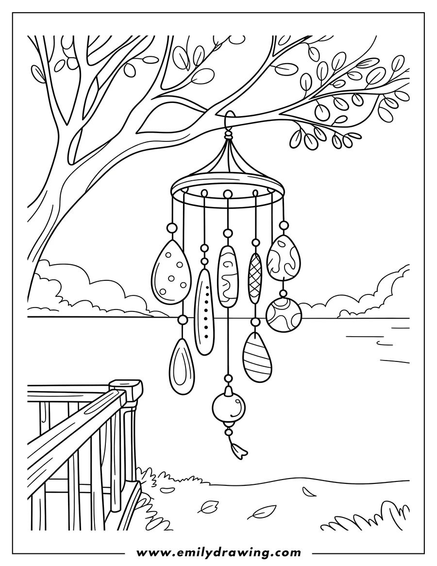 Line art of a wind chime with various patterned shapes hanging from a tree branch near a wooden railing.