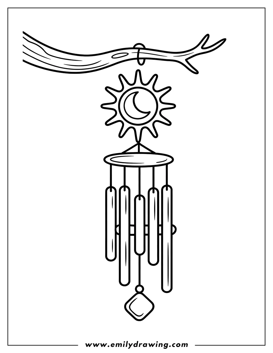 Line art of a wind chime hanging from a tree branch. The wind chime has a sun and moon decoration at the top and several rectangular chimes hanging below.
